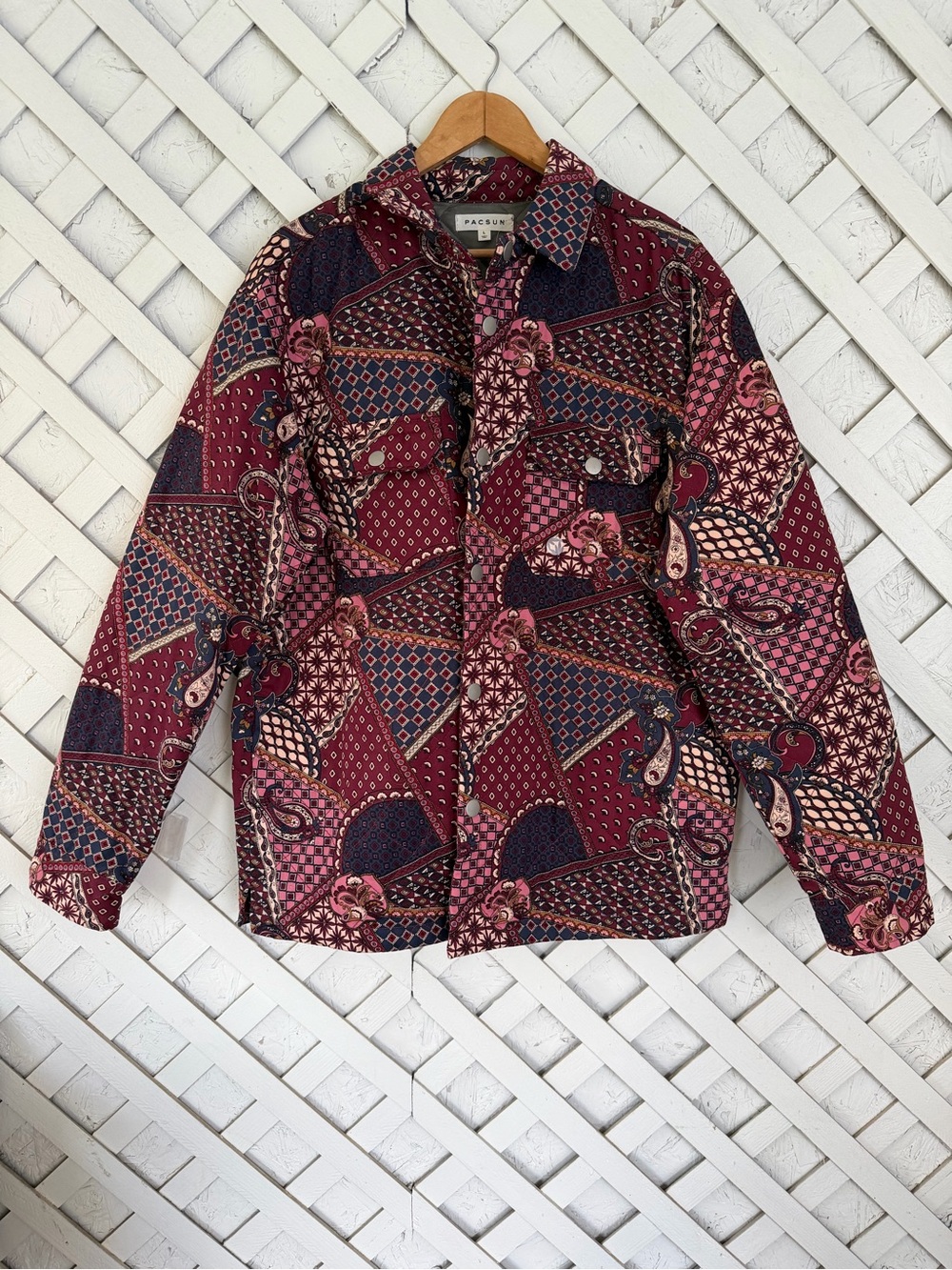 Pacsun Alonso Quilted Overshirt Jacket Paisley Patchwork Burgundy Men's Large